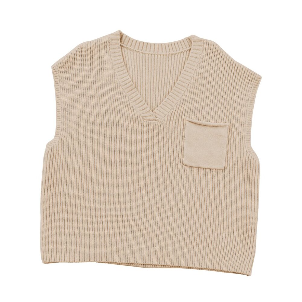 Apricot Chest Pocket V Neck Ribbed Cap Sleeve Sweater